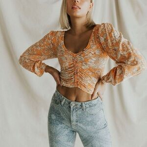 Free People Orange Floral Ruched Long Sleeve Crop Top